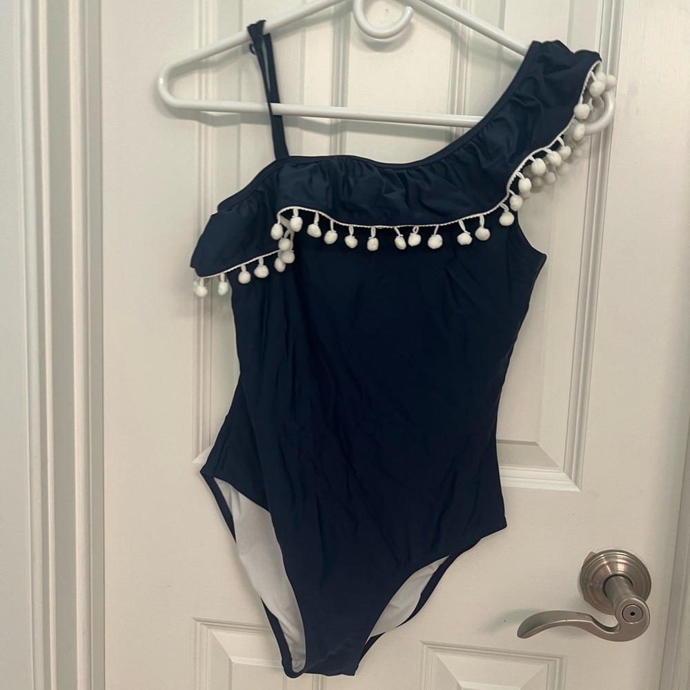 Girls' Navy One Shoulder Frill Swimsuit